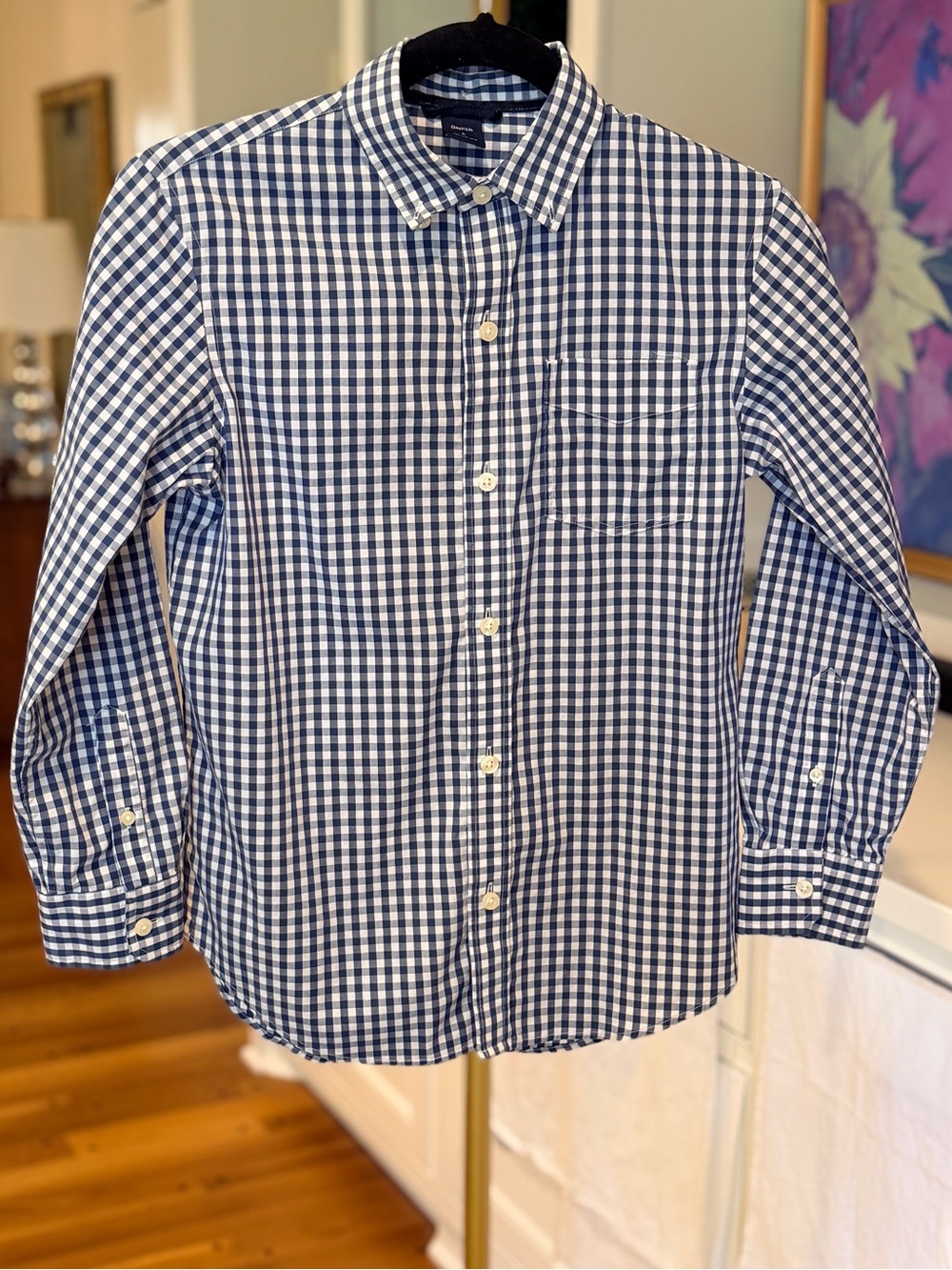 GAPKIDS Navy & White Gingham Button-Down Shirt Size L